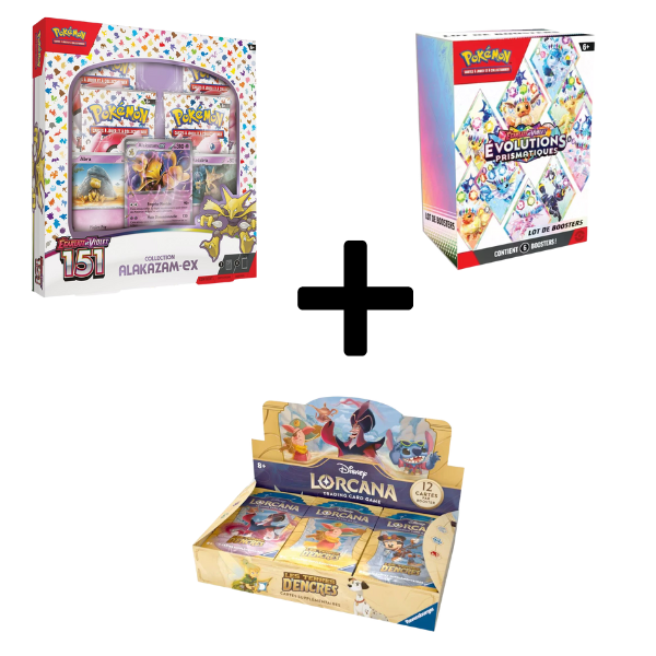 Pokémon JCC Écarlate et Violet 151 Alakazam EX coffret + Évolutions Prismatiques Lot de Boosters + Disney Lorcana les terres d'encres Booster Display